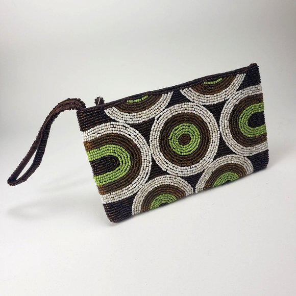 Vintage beaded zip clutch Retro brown, green, white circle motif handbag wallet - Picture 6 of 14